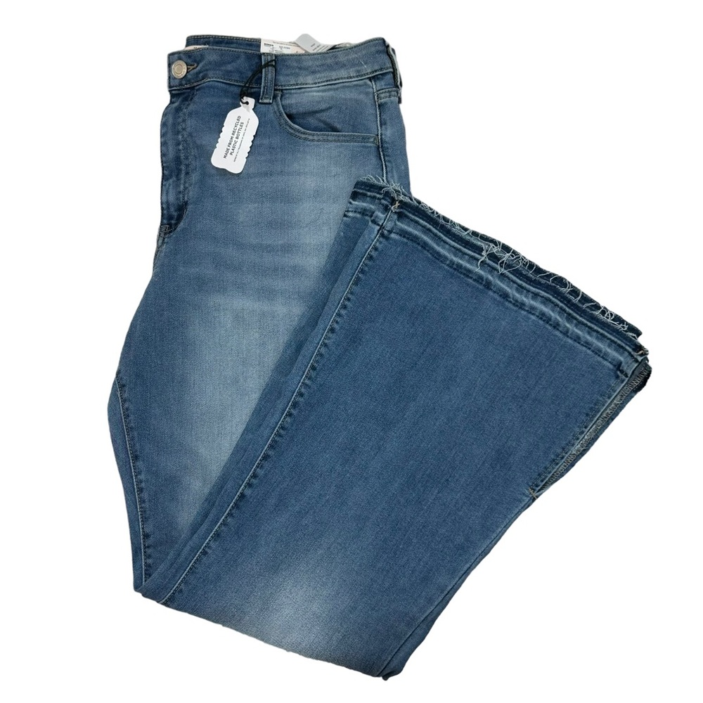 SO 28/38W High Rise Medium Light Distressed Flare With Slit Jeans NWT